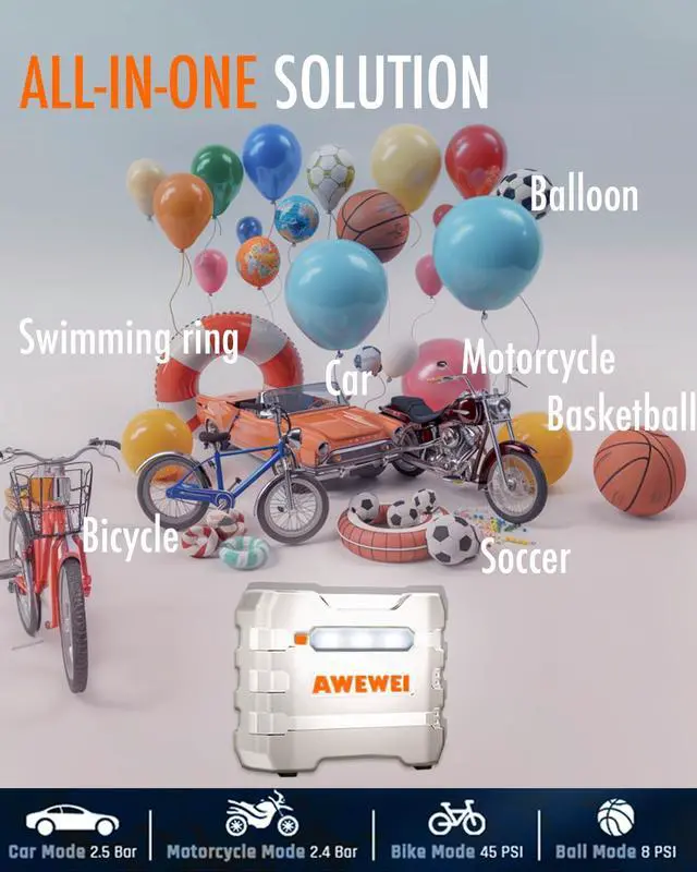 Alt view image 7 of 7 - AWEWEI Tire Inflator Portable Air Compressor - 150PSI Air Pump for Car Tires, DC 12V Fast Inflation Auto Pump with Digital Tire Pressure Guage & Emergency LED Light for Car, Bike, Ball, R7 Silver