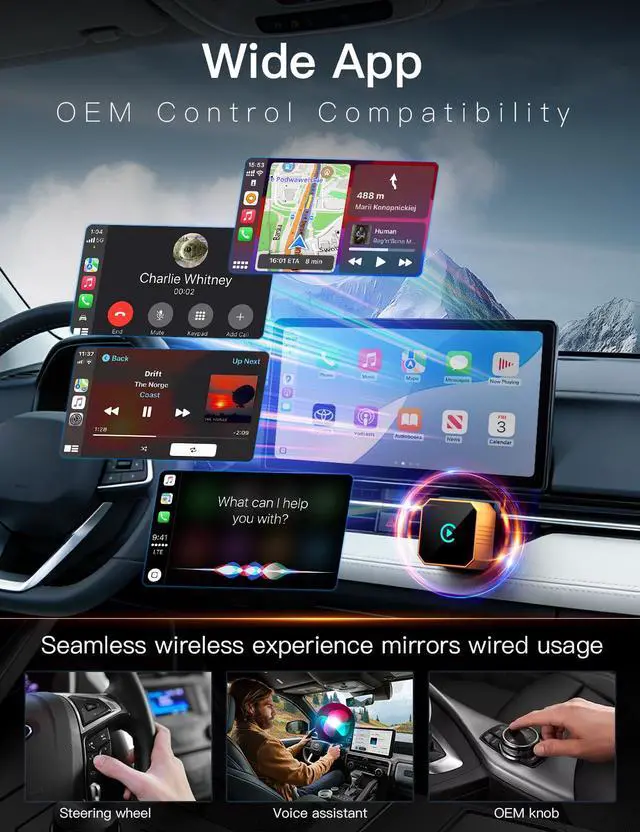 Alt view image 2 of 7 - 2026 Wireless CarPlay Adapter, 2in1 Mini CarPlay Wired to Wireless with Fast Stable Connection, Plug and Play, Zero Delay Car Play for iPhone iOS 10+, Android 11+Marine Autopilots