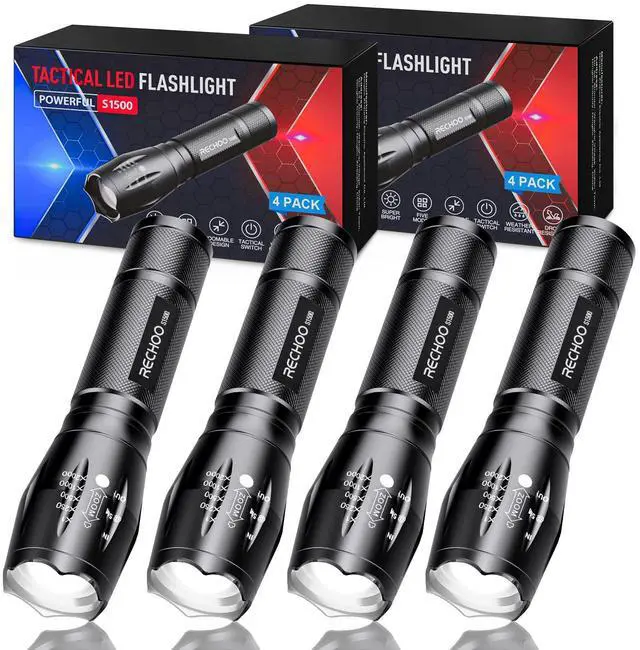 Main image of Tactical Flashlight 4 Pack, Bright Zoomable LED Flashlight with High Lumens and 5 Modes, Waterproof Portable Pocket Flash Light for Emergency, Camping, and Outdoor Use - S1500