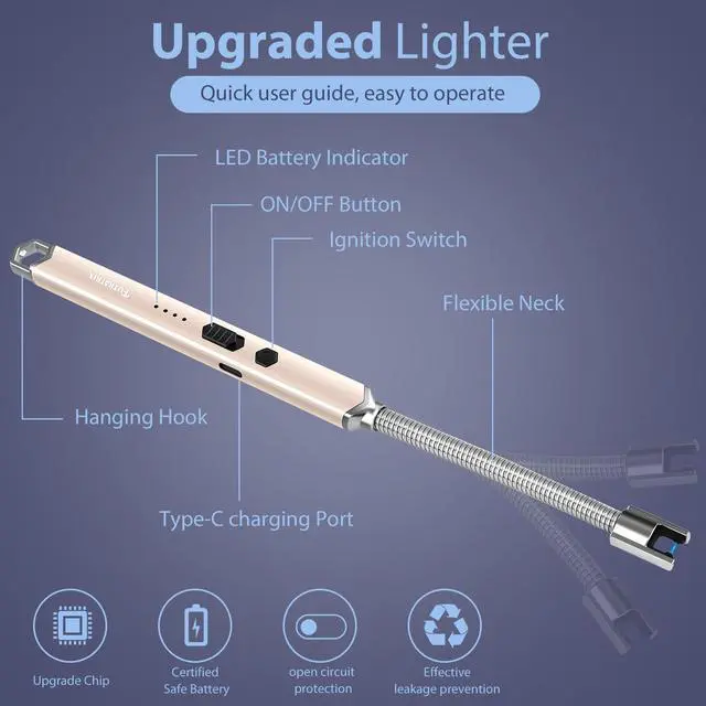 Alt view image 2 of 6 - Rechargeable Electric Candle Lighter for Deep Jars - Windproof & Flameless Arc Lighter for Home Decor, Aromatherapy & Arthritis Friendly Gifts (2 Pack - Champagne Gold)