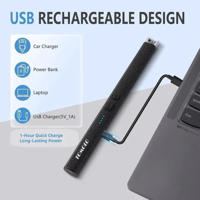 Alt view image 5 of 7 - TOMOLO Candle Lighter 2-Pack, Electric Lighter with Safety Switch Windproof Flameless Rechargeable Lighters for Candle, Kitchen, Grill, Camping, Gift (Silver, Black)