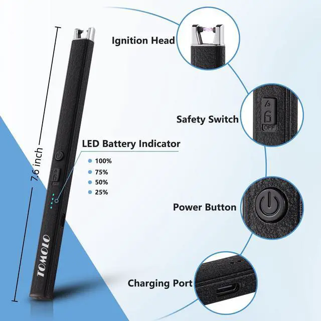 Alt view image 7 of 7 - TOMOLO Candle Lighter 2-Pack, Electric Lighter with Safety Switch Windproof Flameless Rechargeable Lighters for Candle, Kitchen, Grill, Camping, Gift (Silver, Black)