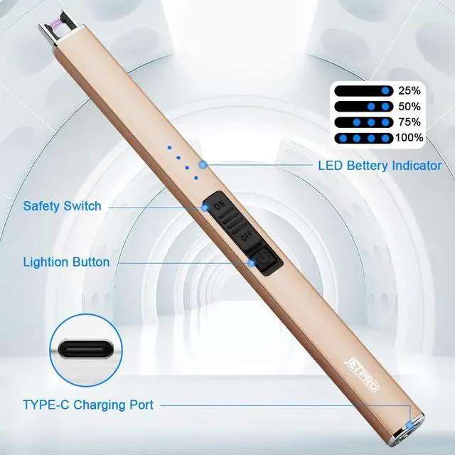 Alt view image 3 of 7 - JETPRO Electric Arc Windproof Lighter Flameless USB Rechargeable Lighter with Safety Lock for Candle BBQ Camping (Gold)