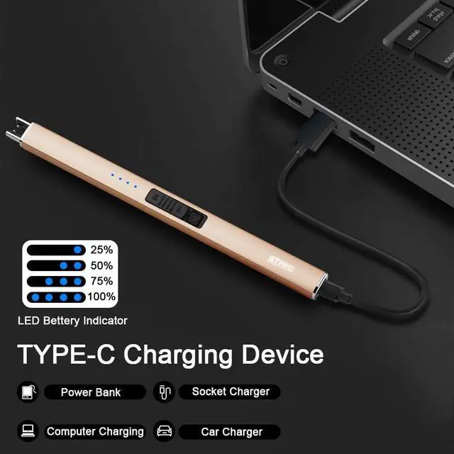 Alt view image 5 of 7 - JETPRO Electric Arc Windproof Lighter Flameless USB Rechargeable Lighter with Safety Lock for Candle BBQ Camping (Gold)