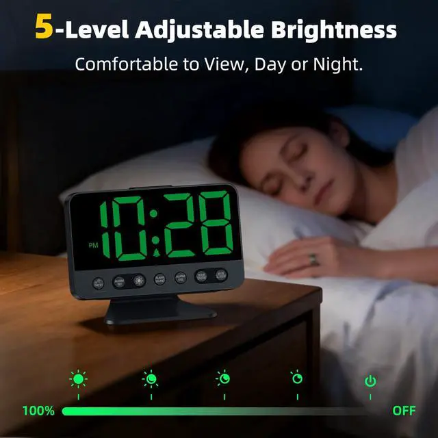 Alt view image 3 of 7 - Digital Alarm Clock with Large Numbers for Bedrooms: Bold Display Readable Across The Room with 5 Level Brightness - 5 Alarm Sounds 8 Night Lights for Kids Seniors Teens - Green