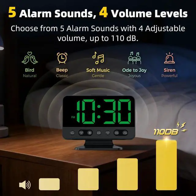 Alt view image 5 of 7 - Digital Alarm Clock with Large Numbers for Bedrooms: Bold Display Readable Across The Room with 5 Level Brightness - 5 Alarm Sounds 8 Night Lights for Kids Seniors Teens - Green