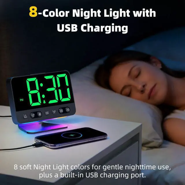Alt view image 6 of 7 - Digital Alarm Clock with Large Numbers for Bedrooms: Bold Display Readable Across The Room with 5 Level Brightness - 5 Alarm Sounds 8 Night Lights for Kids Seniors Teens - Green