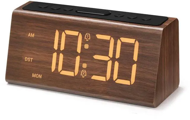Main image of Wooden Digital Alarm Clock for Bedroom,Electric Desk Clock with USB Port,Loud Alarm for Heavy Sleepers,Adjustable Volume & Dimmer,Snooze,DST,Wood Decor,Bedside & Desk Us(Brown - Amber Digits)