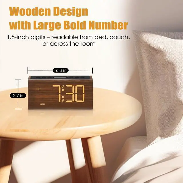 Alt view image 2 of 6 - Wooden Digital Alarm Clock for Bedroom,Electric Desk Clock with USB Port,Loud Alarm for Heavy Sleepers,Adjustable Volume & Dimmer,Snooze,DST,Wood Decor,Bedside & Desk Us(Brown - Amber Digits)