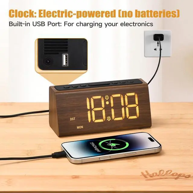 Alt view image 3 of 6 - Wooden Digital Alarm Clock for Bedroom,Electric Desk Clock with USB Port,Loud Alarm for Heavy Sleepers,Adjustable Volume & Dimmer,Snooze,DST,Wood Decor,Bedside & Desk Us(Brown - Amber Digits)