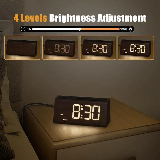 Alt view image 4 of 6 - Wooden Digital Alarm Clock for Bedroom,Electric Desk Clock with USB Port,Loud Alarm for Heavy Sleepers,Adjustable Volume & Dimmer,Snooze,DST,Wood Decor,Bedside & Desk Us(Brown - Amber Digits)