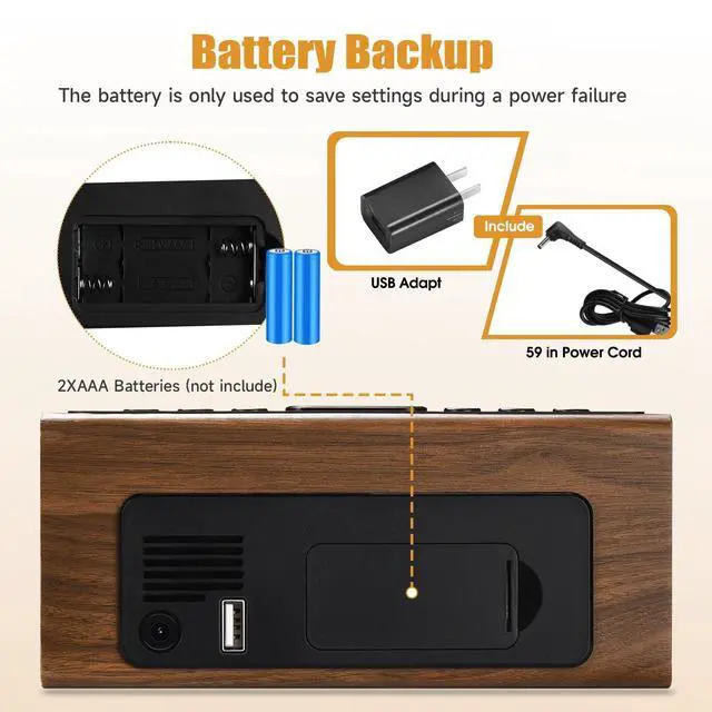 Alt view image 6 of 6 - Wooden Digital Alarm Clock for Bedroom,Electric Desk Clock with USB Port,Loud Alarm for Heavy Sleepers,Adjustable Volume & Dimmer,Snooze,DST,Wood Decor,Bedside & Desk Us(Brown - Amber Digits)