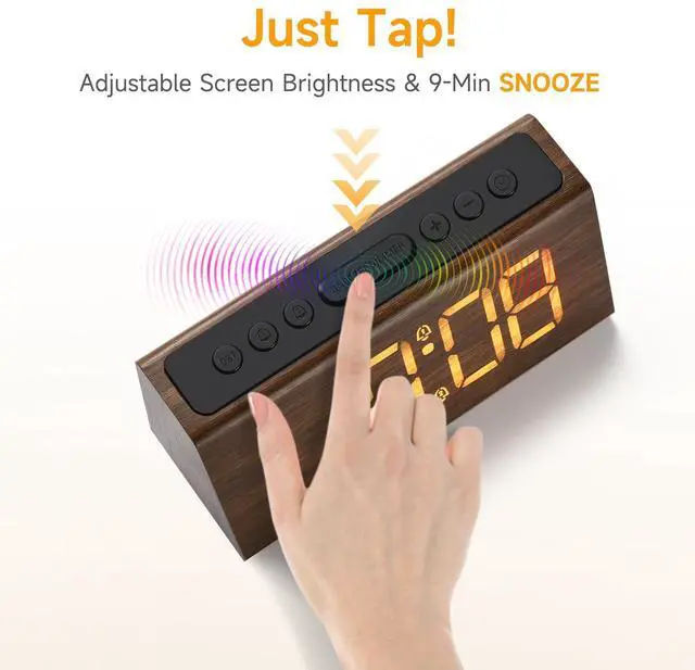 Alt view image 5 of 6 - Wooden Digital Alarm Clock for Bedroom,Electric Desk Clock with USB Port,Loud Alarm for Heavy Sleepers,Adjustable Volume & Dimmer,Snooze,DST,Wood Decor,Bedside & Desk Us(Brown - Amber Digits)