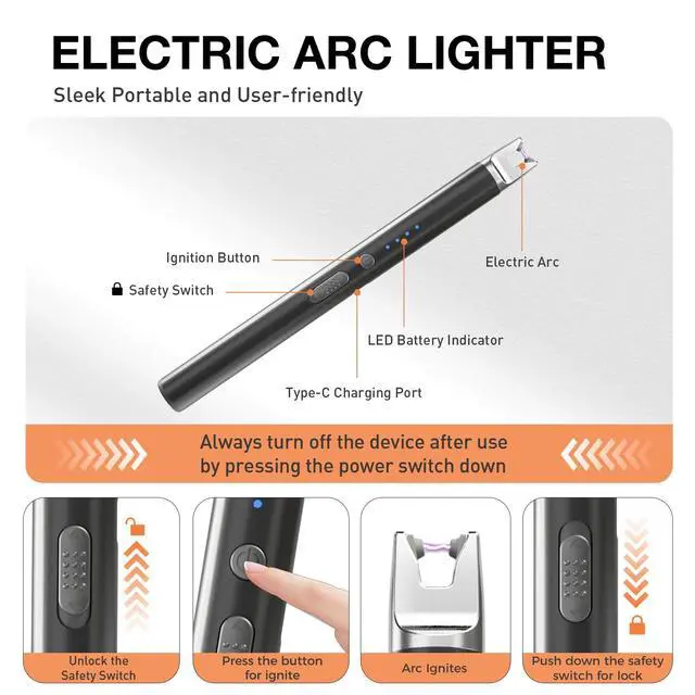 Alt view image 4 of 7 - TIKETT 2 Pack USB Type C Electric Rechargeable Plasma Arc Candle Lighter, Long Windproof Flameless Lighter with Safety Lock for Candle, BBQ, Grill, Camping, Gas Stoves Black, Rose Gold