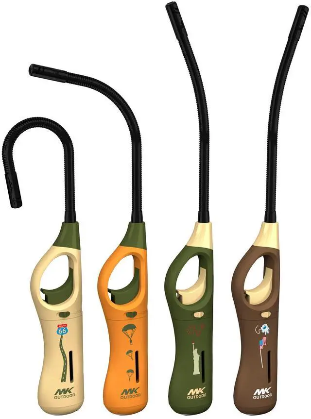 Main image of MK Lighter Outdoor Series Willow 9-Inch Xtra Length Extended Flex Neck 4-Pack Designs Multipurpose Refillable Adjustable Flame, Candle & BBQ Lighters, Prepping & Camping Supplies, Survival Lighters