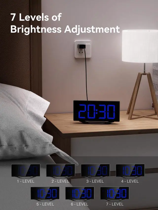 Alt view image 2 of 7 - Digital Alarm Clock for Bedroom Bedside, Large Big Numbers Display with Brightness Dimmer, Plug-In Electric Desk Clock with Battery Backup, USB Charging Port, Adjustable Volume, 12/24Hr, Snooze