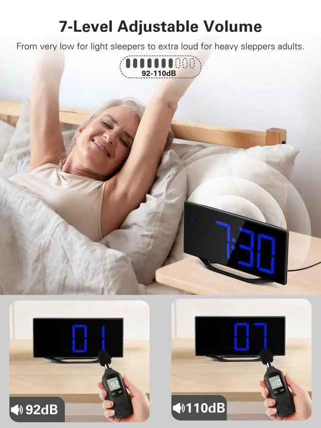 Alt view image 3 of 7 - Digital Alarm Clock for Bedroom Bedside, Large Big Numbers Display with Brightness Dimmer, Plug-In Electric Desk Clock with Battery Backup, USB Charging Port, Adjustable Volume, 12/24Hr, Snooze