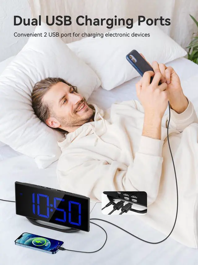 Alt view image 4 of 7 - Digital Alarm Clock for Bedroom Bedside, Large Big Numbers Display with Brightness Dimmer, Plug-In Electric Desk Clock with Battery Backup, USB Charging Port, Adjustable Volume, 12/24Hr, Snooze