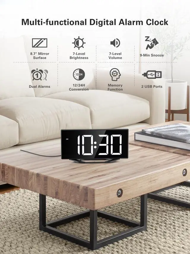 Alt view image 7 of 7 - Digital Alarm Clock for Bedroom Bedside, Large Big Numbers Display with Brightness Dimmer, Plug-In Electric Desk Clock with Battery Backup, USB Charging Port, Adjustable Volume, 12/24Hr, Snooze