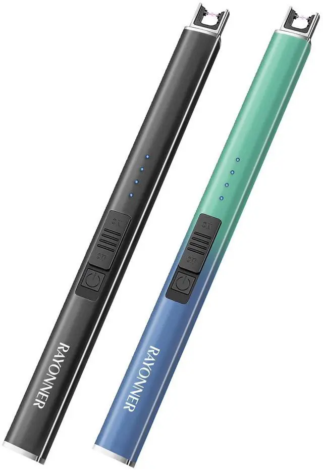 Main image of RAYONNER Rechargeable Electric Candle Lighter Windproof Plasma Arc Lighter for Deep Jars, BBQ Camping Flameless Fire Starter Christmas Stocking Stuffers Gift (Black+Green/Blue Gradient)