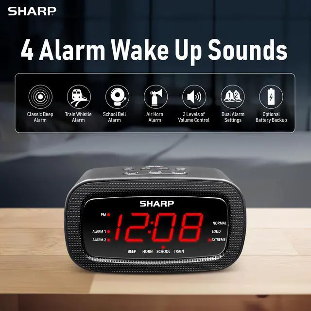 Alt view image 2 of 6 - Shockwave Alarm Clock for Heavy Sleepers 105dB Ultra-Loud Wake-Up, Air Horn, School Bell, Train Whistle, Beep, Dual Alarms, 3 Adjustable Volumes, LED Display Dimmer