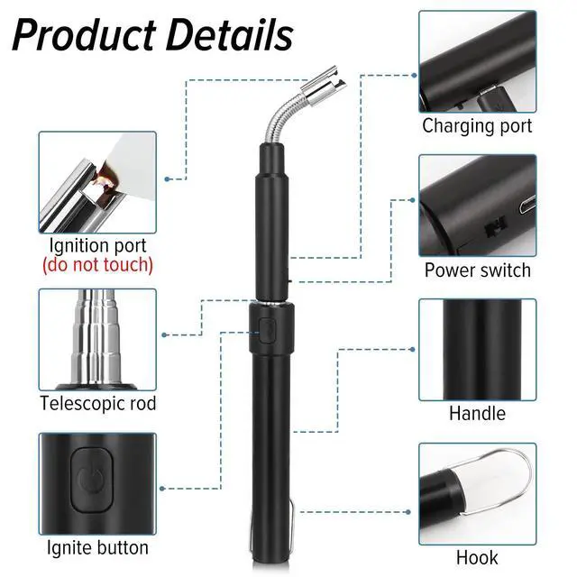 Alt view image 3 of 7 - Electric Arc Flexible Neck Long Lighter,Retractable Length 11.4in to 27.55in,Rechargeable Windproof USB Lighter,360° Rotated Ignition Port, Lighters for Candle Fireplace Pilot Light BBQ Grill Black