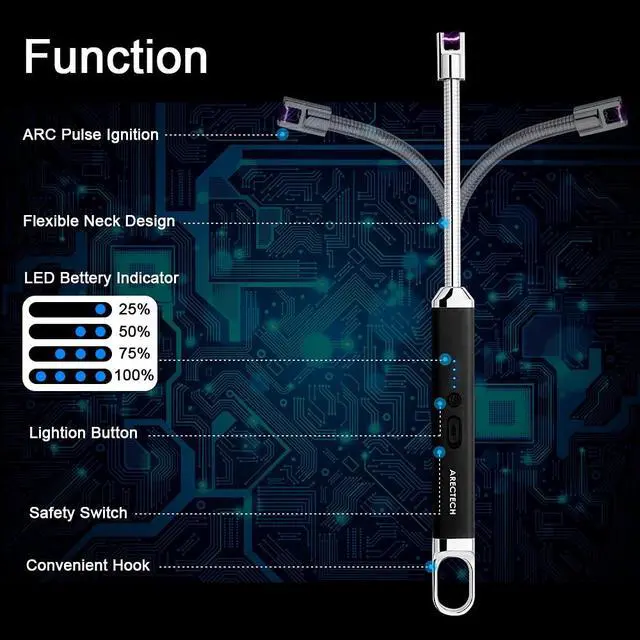 Alt view image 3 of 7 - ARECTECH Electric Arc Candle Lighter Flameless Rechargeable USB Long Lighters for Candle Cooking BBQs Fireworks Black 2 Pack