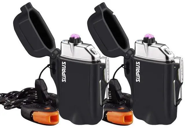 Main image of SUPRUS Waterproof 3 Modes of Flashlight Windproof Lighter Dual Arc Electric Rechargeable Dual Arc Plasma Lighters with Survival Emergency Whistle and Lanyard (Black,2 Packs)