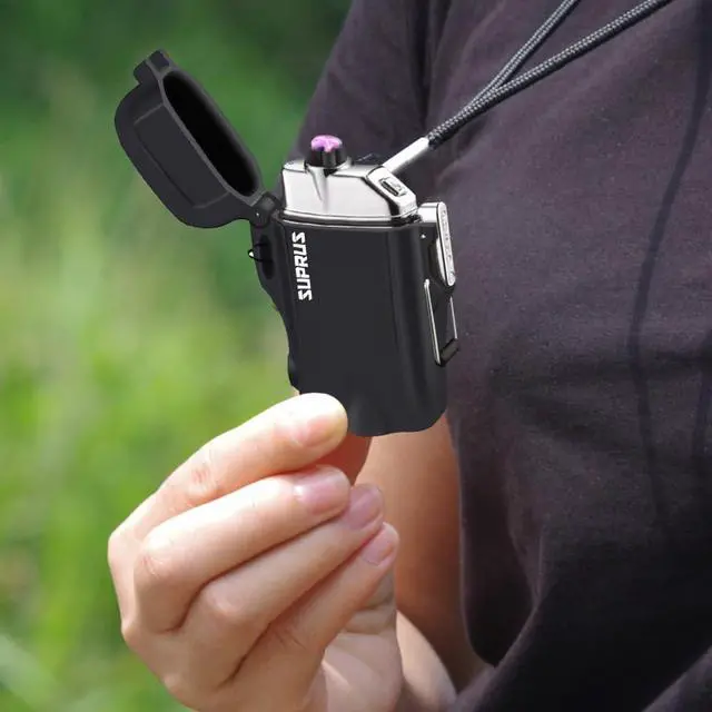 Alt view image 3 of 4 - SUPRUS Waterproof 3 Modes of Flashlight Windproof Lighter Dual Arc Electric Rechargeable Dual Arc Plasma Lighters with Survival Emergency Whistle and Lanyard (Black,2 Packs)