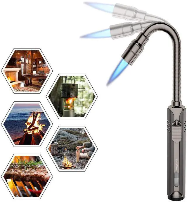 Main image of Butane Lighter Torch Long Lighter Refillable Jet Lighter Windproof Lighter with Visual Fuel Window Flexible Neck Lighter for Grill Fireplace Stove Camping Kitchen (No Butane Included) - Black