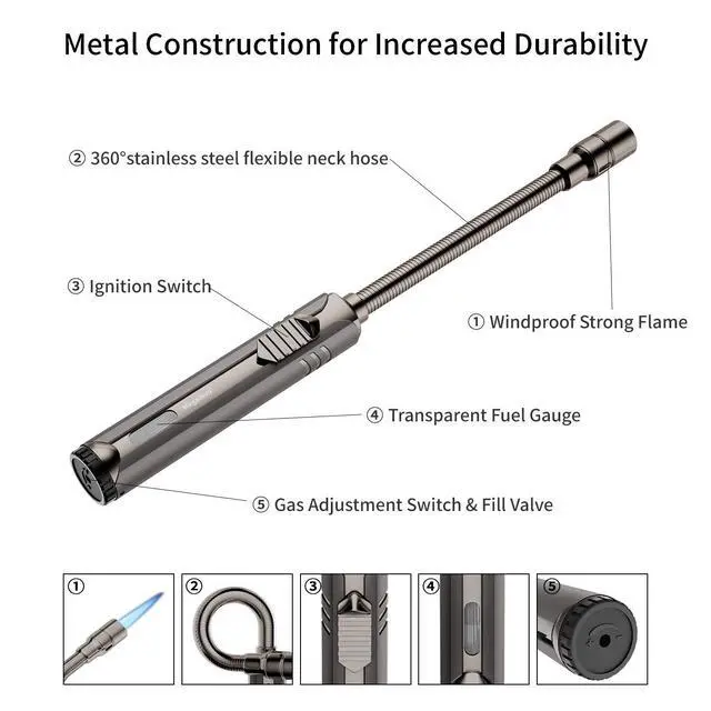 Alt view image 4 of 6 - Butane Lighter Torch Long Lighter Refillable Jet Lighter Windproof Lighter with Visual Fuel Window Flexible Neck Lighter for Grill Fireplace Stove Camping Kitchen (No Butane Included) - Black