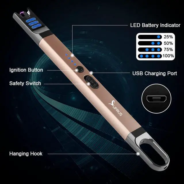Alt view image 3 of 7 - SUPRUS Candle Electric Arc Lighter Windproof Flameless USB Rechargeable Lighter with LED Light for Candle Camping BBQ Cooking (Champagne Gold&Champagne Gold)