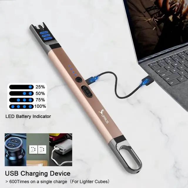 Alt view image 5 of 7 - SUPRUS Candle Electric Arc Lighter Windproof Flameless USB Rechargeable Lighter with LED Light for Candle Camping BBQ Cooking (Champagne Gold&Champagne Gold)