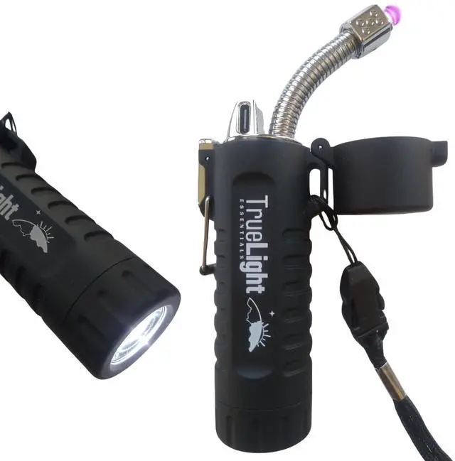 Main image of TrueLightEssentials Electric Rechargeable Plasma Lighter - Waterproof USB Arc Lighters with Flashlight LED Battery Indicator and Flexible Neck for Candle Survival Camping Emergency (Black, Long)