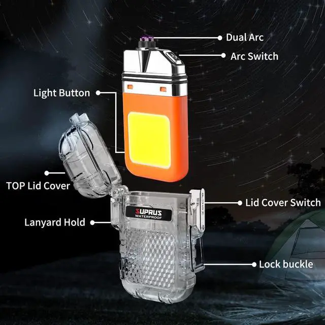 Alt view image 2 of 7 - SUPRUS Waterproof 3 Modes of Flashlight Windproof Lighter Dual Arc Electric Rechargeable Dual Arc Plasma Lighter with Survival Emergency Whistle and Lanyard (Orange)