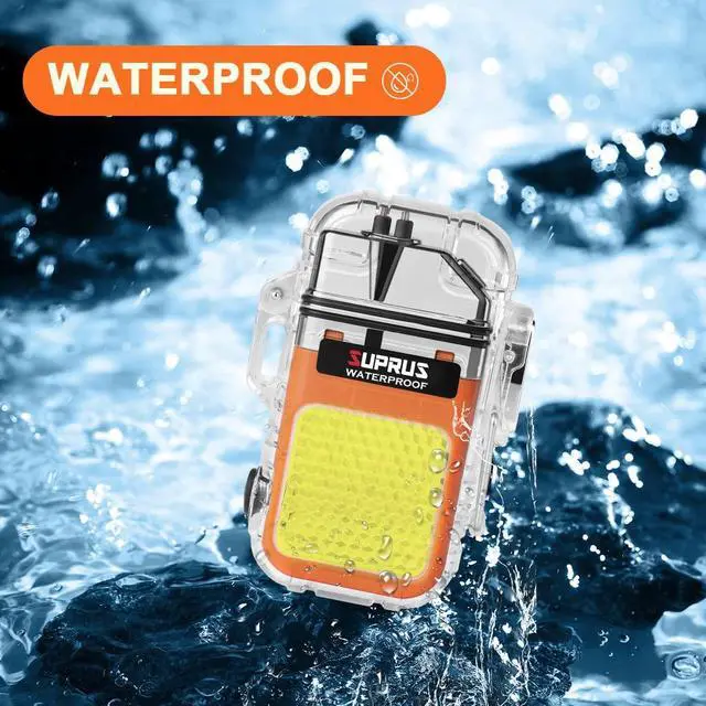 Alt view image 4 of 7 - SUPRUS Waterproof 3 Modes of Flashlight Windproof Lighter Dual Arc Electric Rechargeable Dual Arc Plasma Lighter with Survival Emergency Whistle and Lanyard (Orange)