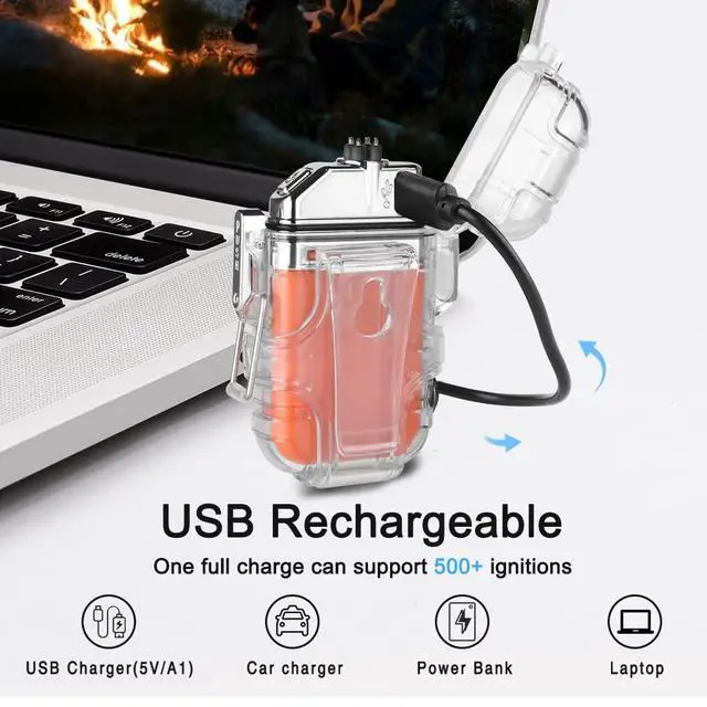 Alt view image 5 of 7 - SUPRUS Waterproof 3 Modes of Flashlight Windproof Lighter Dual Arc Electric Rechargeable Dual Arc Plasma Lighter with Survival Emergency Whistle and Lanyard (Orange)