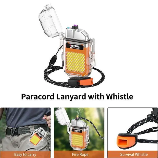 Alt view image 6 of 7 - SUPRUS Waterproof 3 Modes of Flashlight Windproof Lighter Dual Arc Electric Rechargeable Dual Arc Plasma Lighter with Survival Emergency Whistle and Lanyard (Orange)