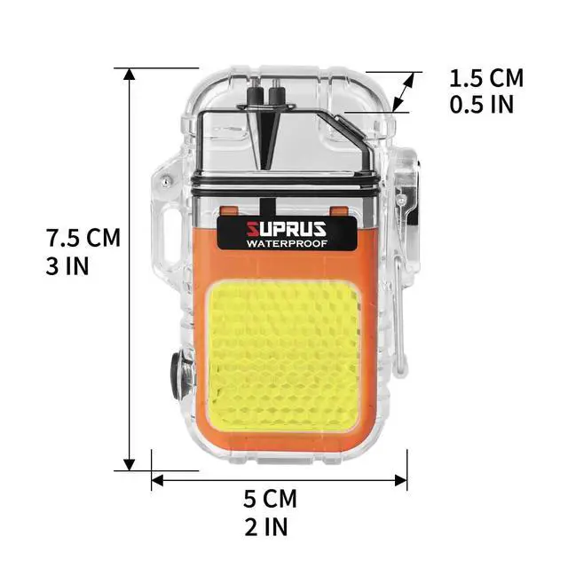 Alt view image 7 of 7 - SUPRUS Waterproof 3 Modes of Flashlight Windproof Lighter Dual Arc Electric Rechargeable Dual Arc Plasma Lighter with Survival Emergency Whistle and Lanyard (Orange)