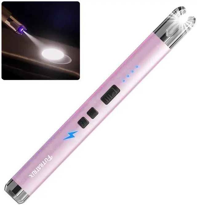 Main image of Futratrix Electronic Candle Lighter Stocking Stuffers Arc Windproof Flameless USB Rechargeable Lighter with Safe Button (1 Pack - Pink)