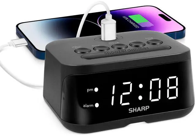 Main image of Sharp Digital Alarm Clock with USB 2 AMP Fast Charge Port & White LED Display