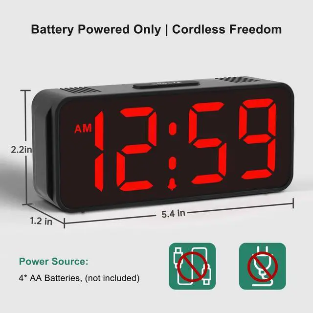 Alt view image 3 of 7 - Small Battery Powered Digital Alarm Clocks for Bedrooms Bedside, Cordless Tiny Travel Portable Desk Clock, Large Numbers Auto Dimmable, LED Display 4 Dimmers, 5 Alarm Volumes