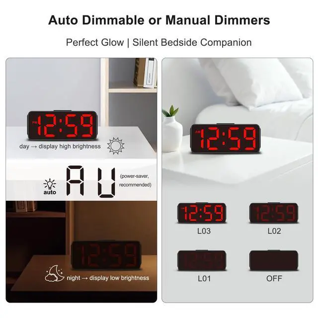 Alt view image 4 of 7 - Small Battery Powered Digital Alarm Clocks for Bedrooms Bedside, Cordless Tiny Travel Portable Desk Clock, Large Numbers Auto Dimmable, LED Display 4 Dimmers, 5 Alarm Volumes