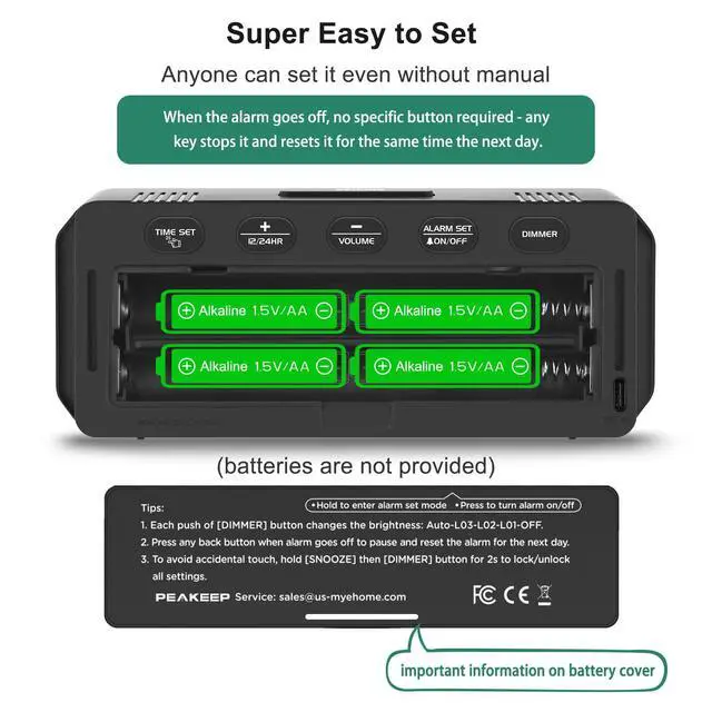 Alt view image 5 of 7 - Small Battery Powered Digital Alarm Clocks for Bedrooms Bedside, Cordless Tiny Travel Portable Desk Clock, Large Numbers Auto Dimmable, LED Display 4 Dimmers, 5 Alarm Volumes