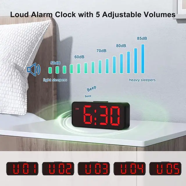 Alt view image 7 of 7 - Small Battery Powered Digital Alarm Clocks for Bedrooms Bedside, Cordless Tiny Travel Portable Desk Clock, Large Numbers Auto Dimmable, LED Display 4 Dimmers, 5 Alarm Volumes