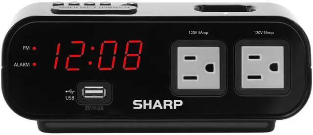 Main image of Digital Alarm Clock with 2X Power Outlets and Rapid Charge USB Port - Grey Outlets