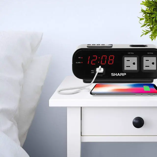 Alt view image 2 of 6 - Digital Alarm Clock with 2X Power Outlets and Rapid Charge USB Port - Grey Outlets