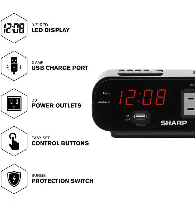 Alt view image 3 of 6 - Digital Alarm Clock with 2X Power Outlets and Rapid Charge USB Port - Grey Outlets