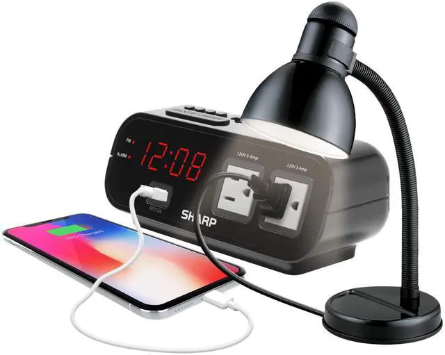 Alt view image 4 of 6 - Digital Alarm Clock with 2X Power Outlets and Rapid Charge USB Port - Grey Outlets
