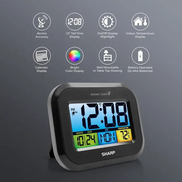 Alt view image 2 of 7 - Sharp Digital Atomic Alarm Clock with LCD Display Always-On Backlight Option, Adjustable Brightness Easy-to-Read Front View, Perfect for Bedroom, Office or Kitchen